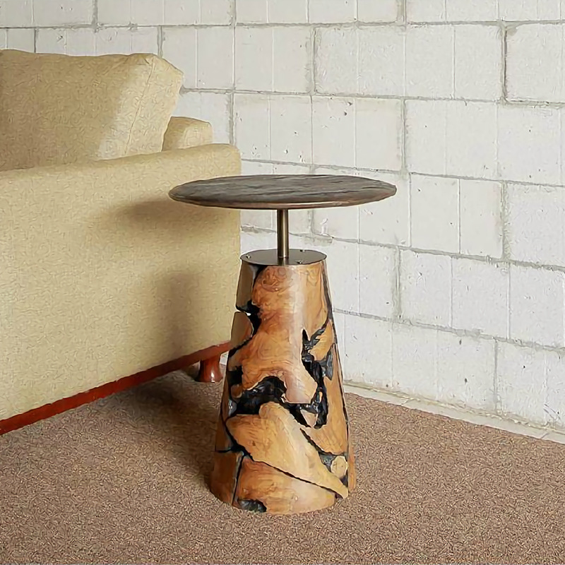 设计师酒店洽谈茶桌户外自然纹理手工复古客厅沙发圆形柚木边几