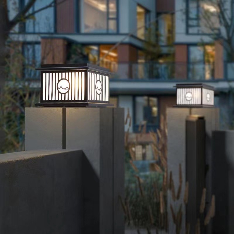 竖纹山水太阳能柱头灯庭院大门柱灯户外围墙灯接电别墅墙头柱子灯