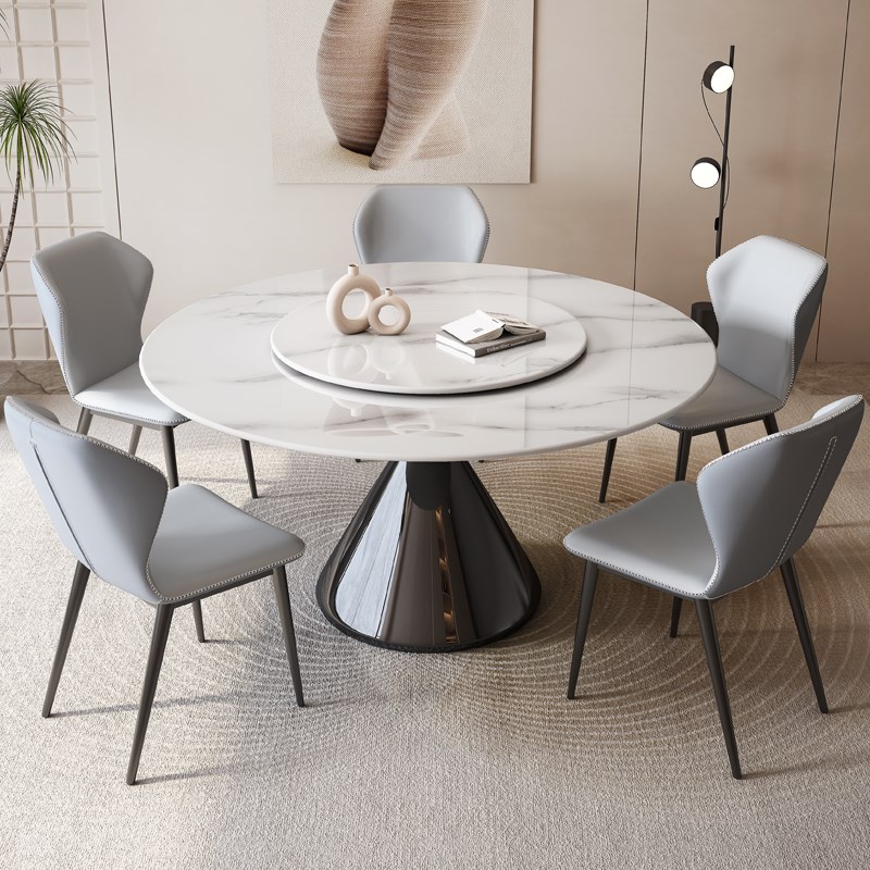 轻奢岩板餐桌椅组合家用小户型大理石圆桌现代简约圆形带转盘饭桌