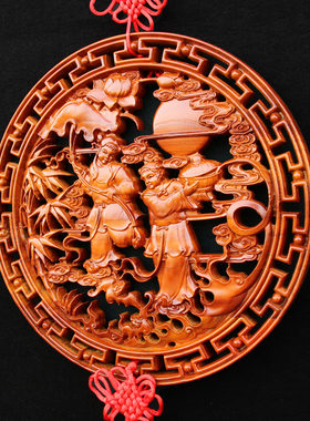 桃木和合图挂件福字中国结客厅玄关新婚摆件挂画木雕家庭和睦摆设