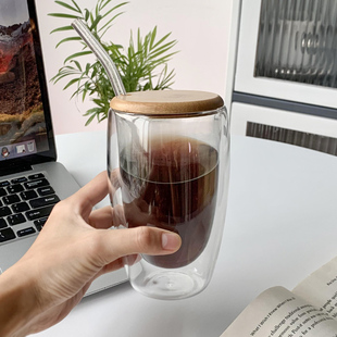 带盖吸管双层隔热耐高温玻璃咖啡杯子 家用女办公室透明喝水ins风