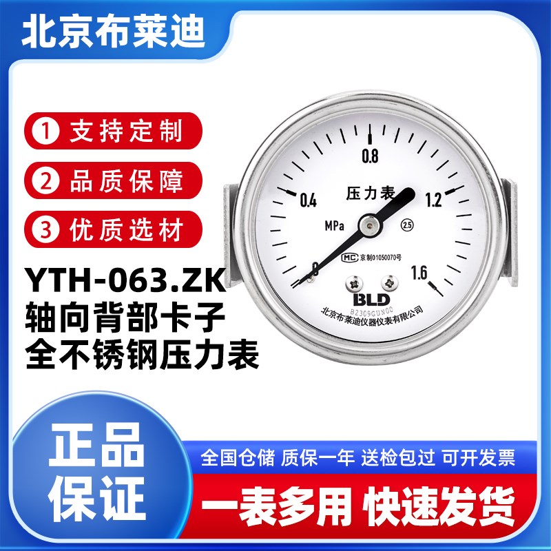 BLD北京布莱迪 YTH-063.ZK轴向背部卡子支架全不锈钢压力表耐高温