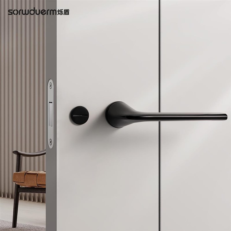 6B76意式极简门锁室内卧室磁吸静音房门锁黑色生态门锁现代木