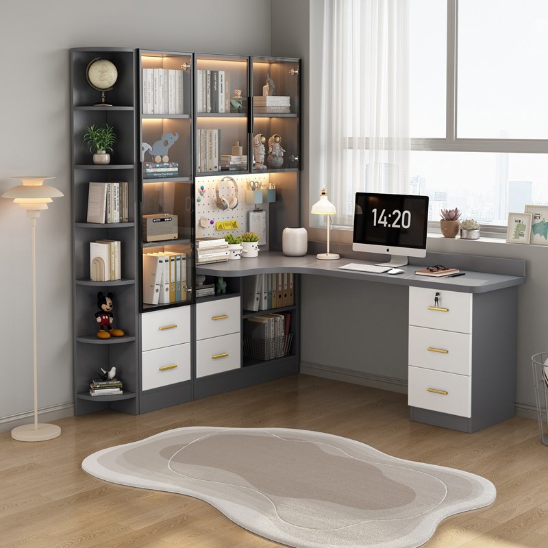 实木转角卧室书桌书柜书架组合一体轻奢办公电脑桌家用写字学习桌