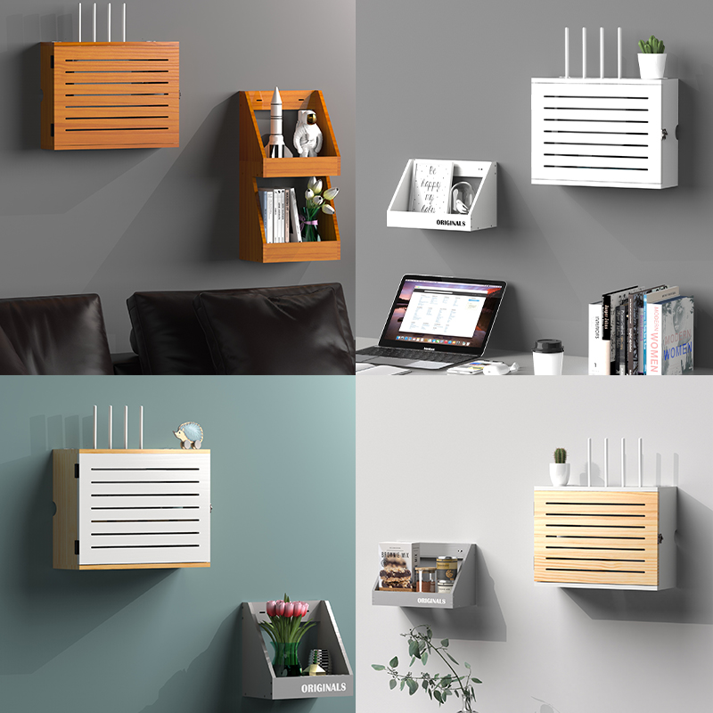 加厚原木多媒体箱遮挡盒wifi无线路由器光猫排插收纳盒壁挂式装饰