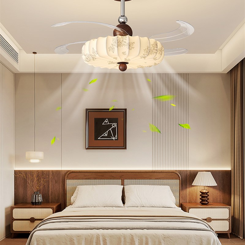 中古风隐形风扇灯新款宋代美学护眼餐厅J吸顶灯南洋风印花卧室灯