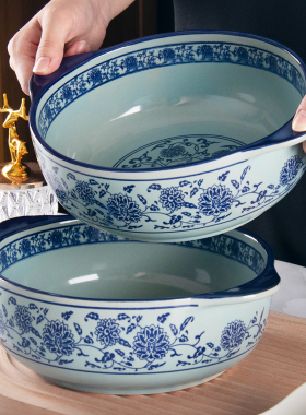 复古青花瓷9英寸双耳碗家用酒店陶瓷碗双耳防烫大汤碗酸菜鱼汤盆