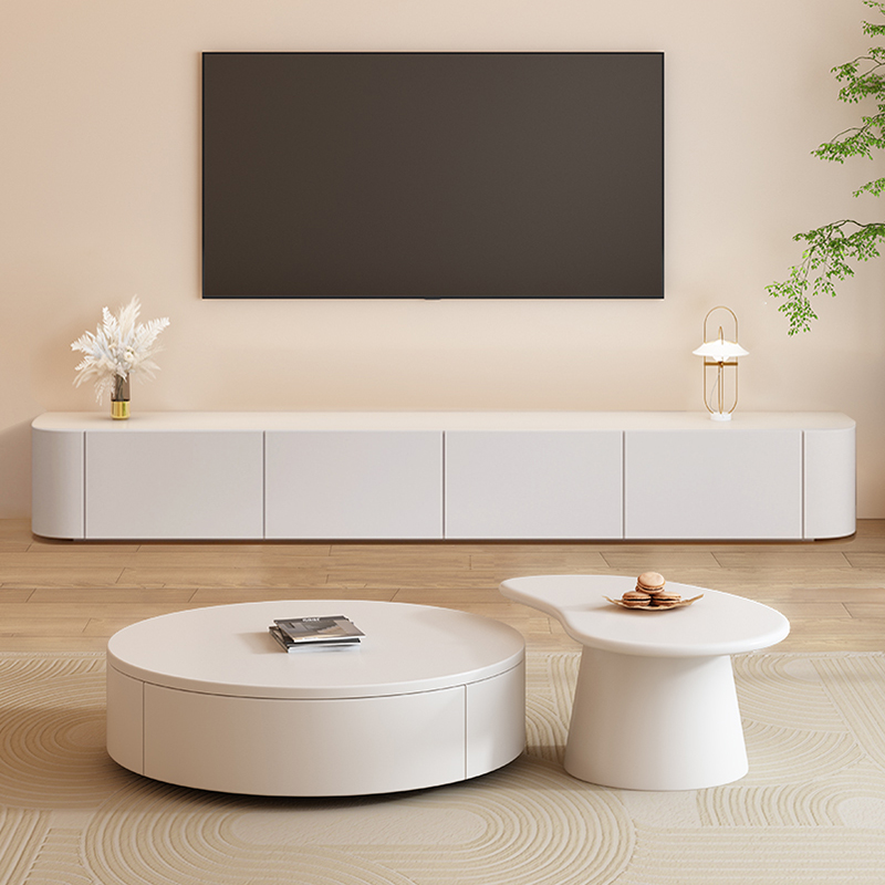 奶油风高款落地电视柜茶几组合简约现代客厅O实木大小户型地柜白