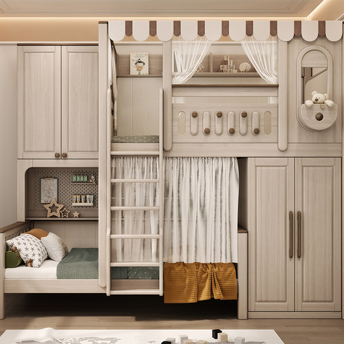 ABC儿童实木平行错位床衣柜床