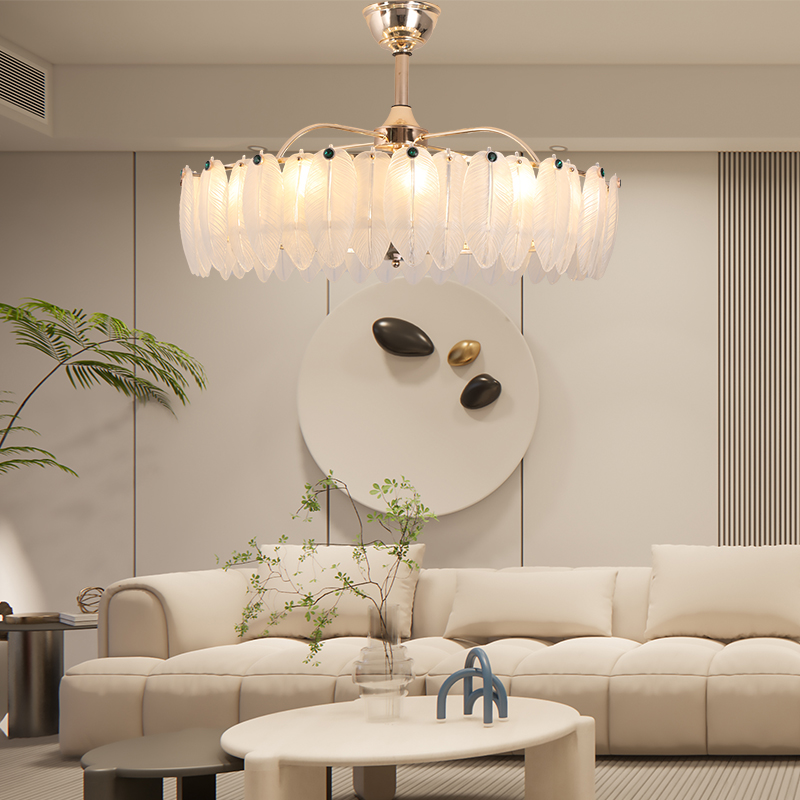 羽毛轻奢餐厅风扇吊灯内外双层x+变频铜电机+遥控+智能语音+6 档