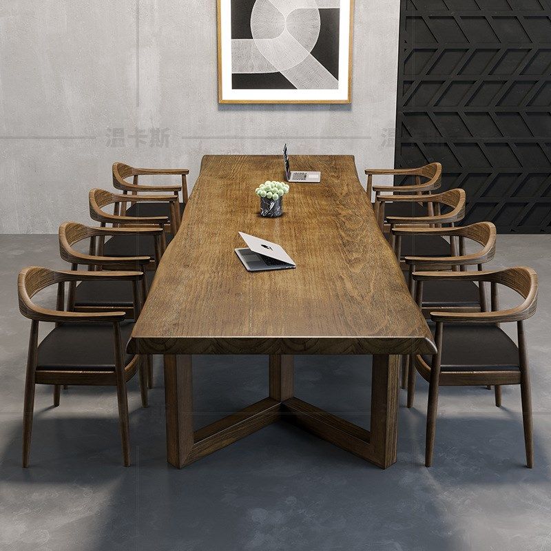 实木会议桌工业风办公室家具办公桌大型洽谈桌椅组合长桌子工作台