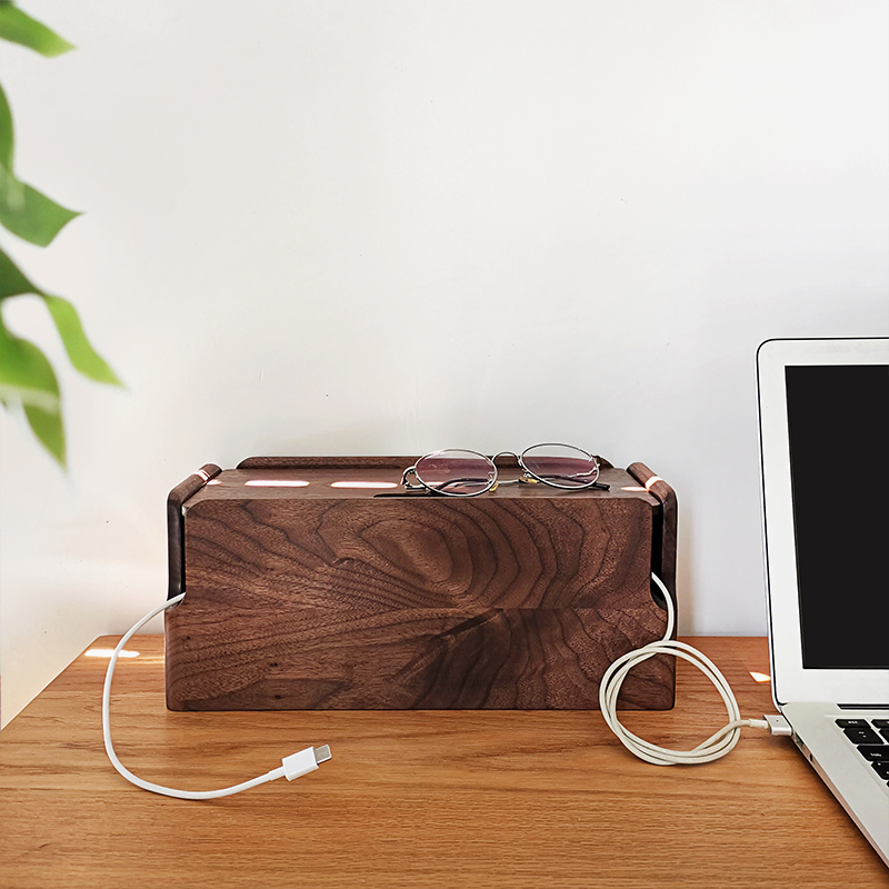 三思工房黑胡桃木k集线盒实木排插收纳盒插座整理盒桌面电线理线