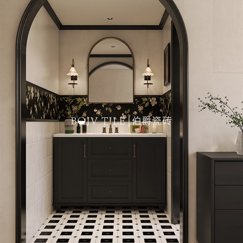 伯爵法国复古浴室瓷砖白玉兰黑色和白色瓷砖浴室N厨房墙砖防滑耐