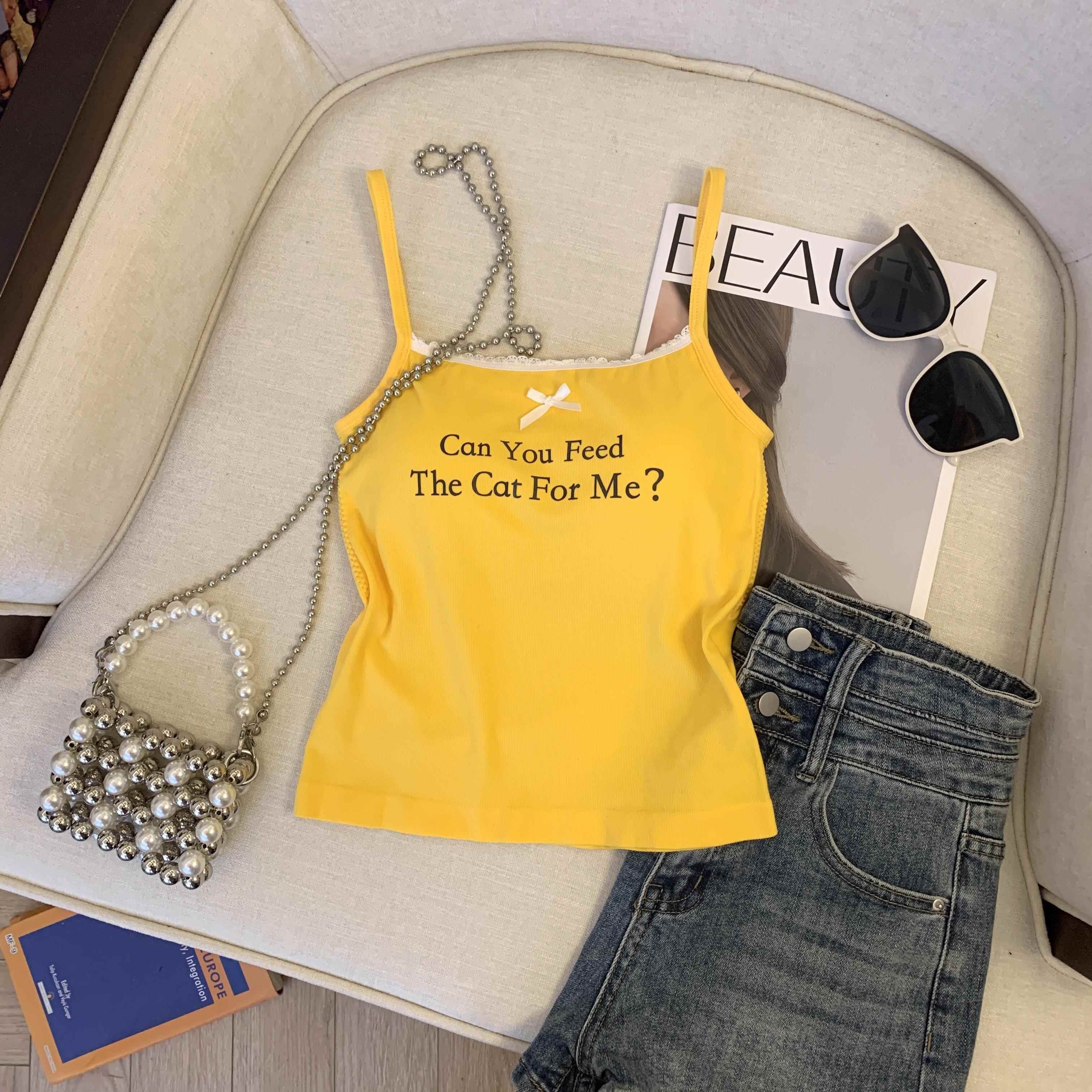 泰式小吊带背心女黄色高级感辣妹抹胸带胸垫针织上衣夏季外穿ins