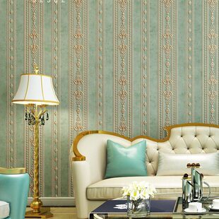 3d立体欧式 墙纸浮雕奢华卧室客厅背景墙无纺布绿色条纹壁纸非自粘