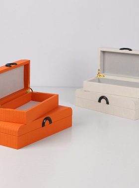 轻奢皮质编织纹橙色灰色弧线拱门高级感梳妆台首饰收纳盒装饰摆件