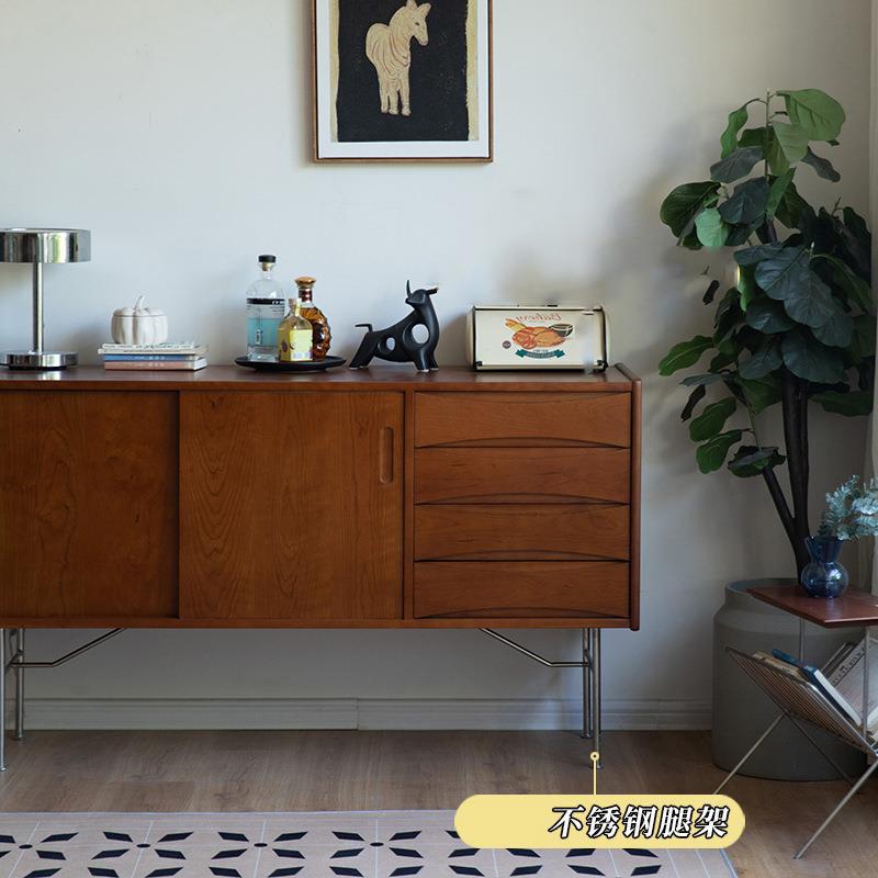 北欧复古实木收纳储物柜小户型靠墙中古餐边柜家用多功能茶水柜