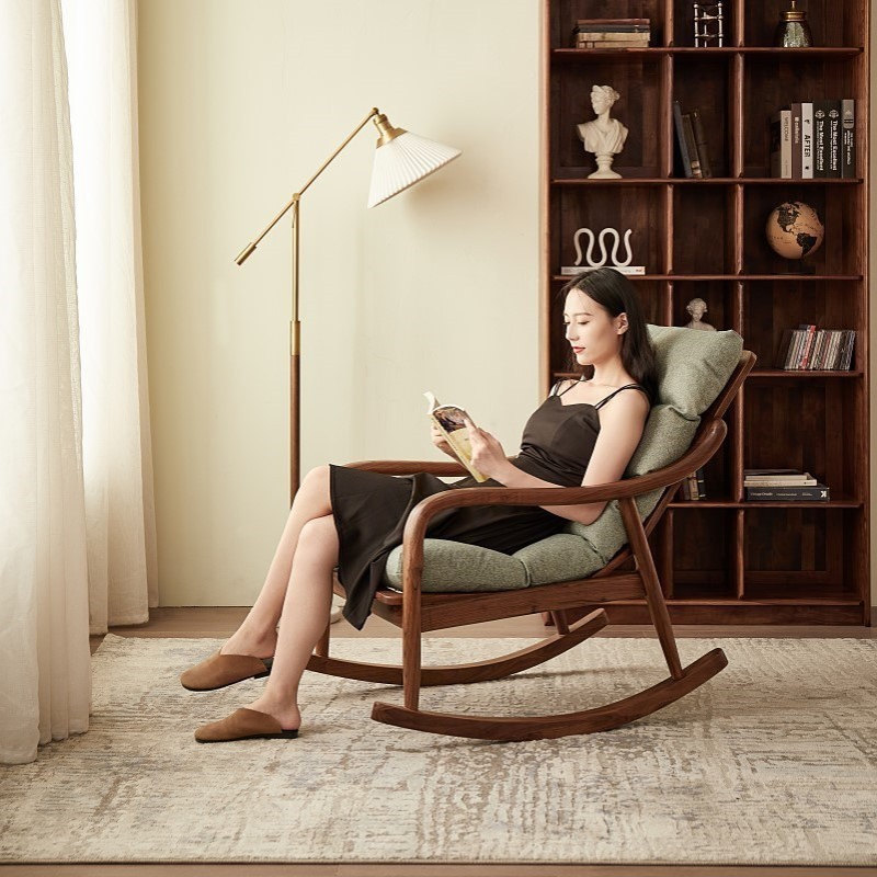 新中式胡桃木实木摇椅客厅网红单人躺椅休闲懒人午睡阳台