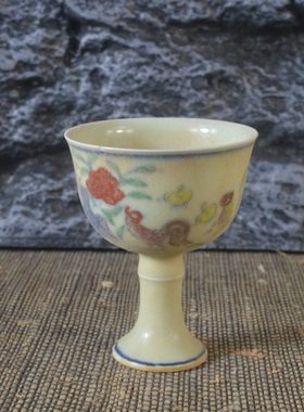仿古瓷器 复古做旧明成化风格 斗彩鸡趣图高足杯 酒杯 古董古玩