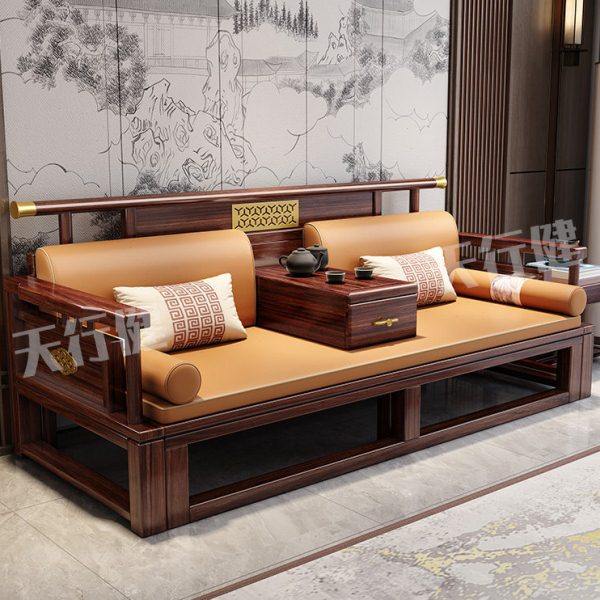 乌金木新中式罗汉床实木两用茶桌椅客厅禅意带抽拉推拉沙发床榻