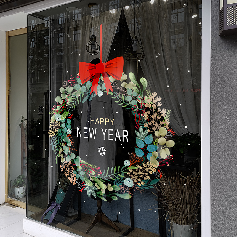 圣诞节装饰窗贴创意贴画花环窗花静电贴服装店铺橱窗玻璃贴门贴纸