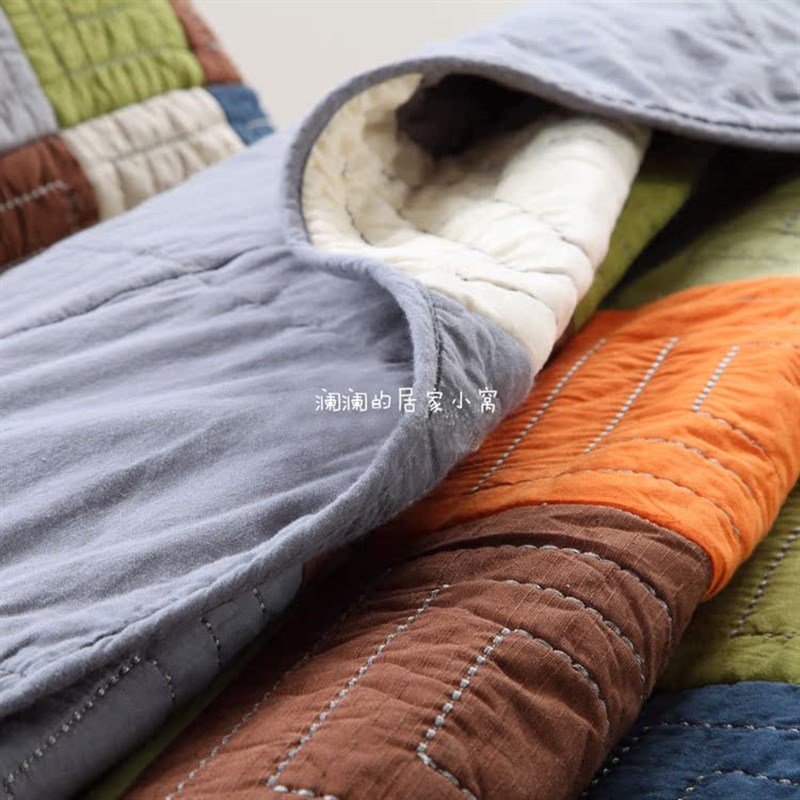 外贸拼块美式绗缝被子三件套纯棉韩国床盖拼布水洗夹棉床单空调被