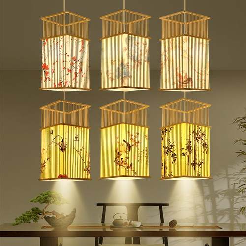 新中式餐厅包间竹编小吊灯日式餐饮火锅店包厢竹艺灯笼带射灯灯具