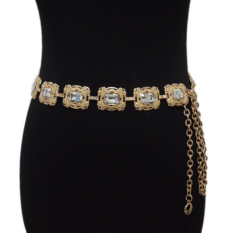 跨境热卖女士腰带休闲复古雕花装饰亚克力水晶金属链条腰链现货