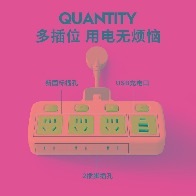 插座转接头纯铜转换器家用插排排插夜灯USB独立开关一转多位防雷