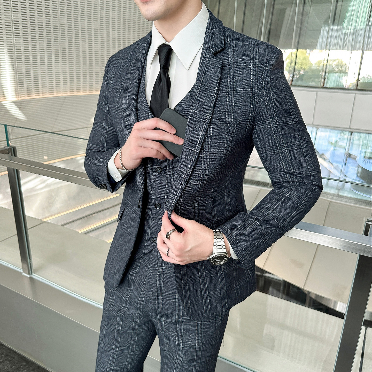 格子西装男士套装免烫商务职业正装休闲韩版修身帅气新郎结婚礼服