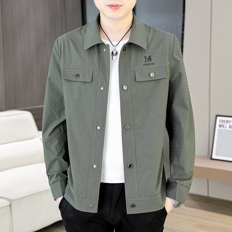 男士翻领薄款夹克简约时尚潮流休闲风刺绣夏季轻薄款无里防晒外套