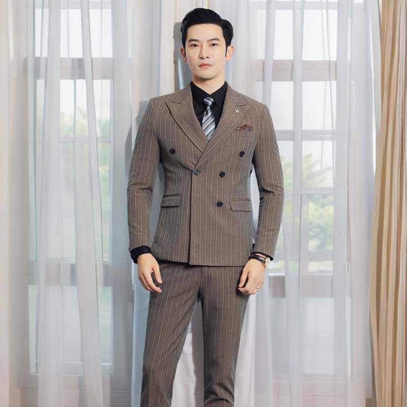 西装男套装商务正装条纹双排扣休闲职业西服外套新郎伴郎结婚礼服