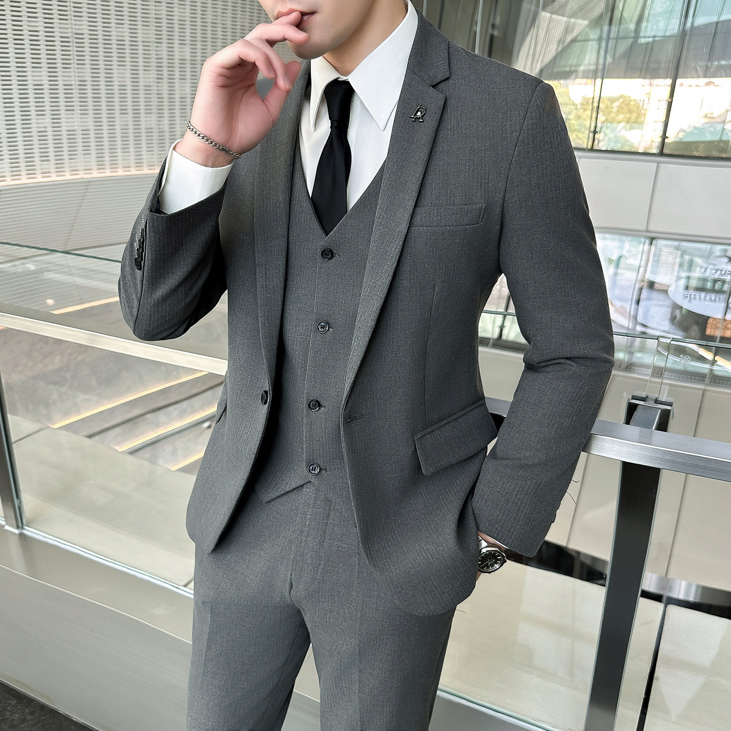 韩版修身免烫新郎结婚礼西服套装
