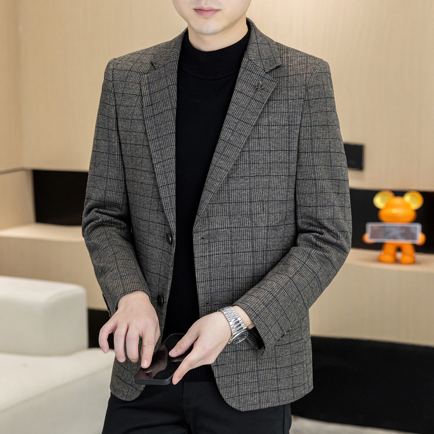 格子西服外套男商务休闲韩版修身高级感潮流帅气青年品质单西上衣