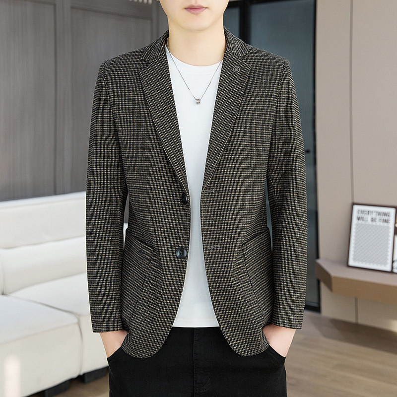 休闲西装外套春秋季高品质商务修身韩版潮流格子帅气男青年单西服