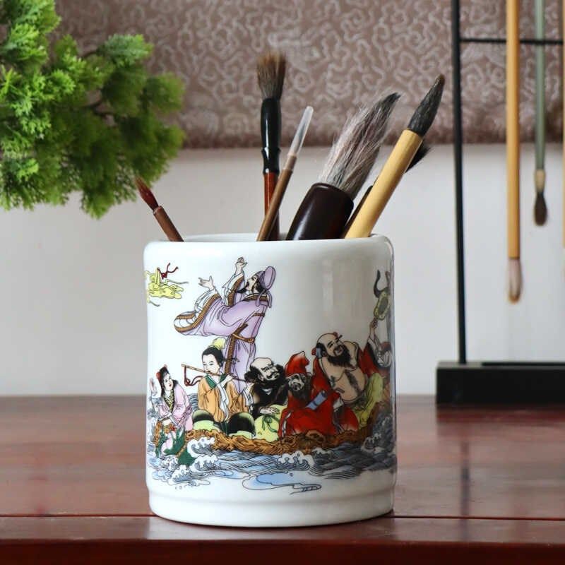景德镇陶瓷器粉彩笔筒文房四宝摆件书房收纳毛笔仿古中式八仙过海