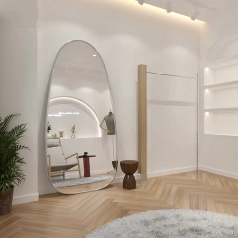 异形不锈钢全身镜服装店试衣镜子显瘦镜椭圆形落地镜简约钢化镜