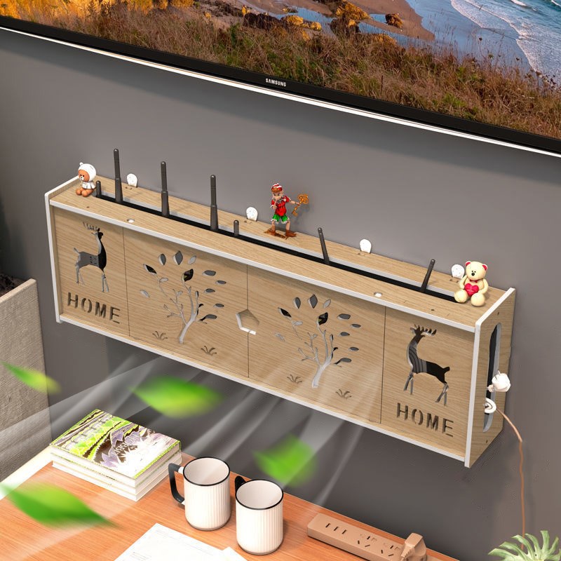 路由器收纳盒墙上wifi电视机顶盒置物架免打孔壁挂式插排插座遮挡