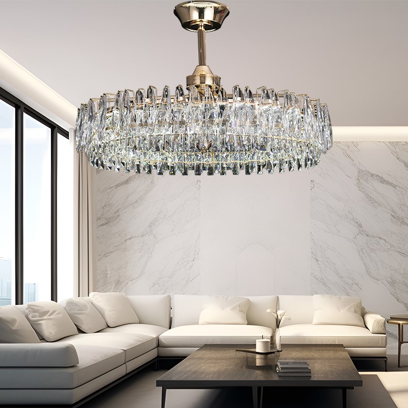 新款三层水晶f原创水晶餐厅风扇吊灯客厅风扇灯智能语音全铜电机