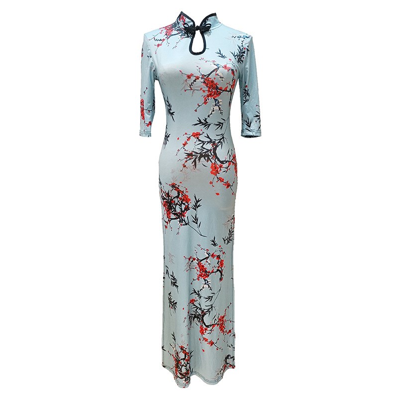 鸿华 中国d风古典民族舞蹈旗袍印花开叉显瘦表演出服弹力练功服女