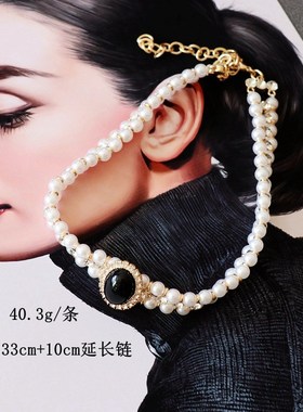 西洋中古珍珠项链白色黑色赫本风A仿珍珠项链银针耳钉套装旗袍礼