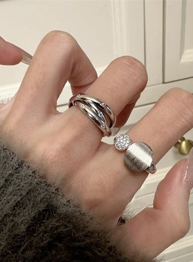 轻奢高级镶钻椭圆拉丝开口戒指高级感小众设计P时尚叠戴新款女指