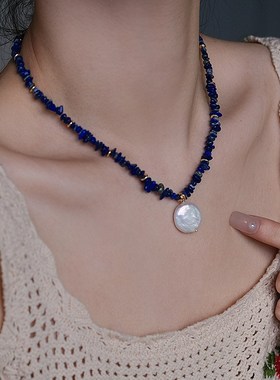 巴洛克异形淡水珍珠项链不规则青金石碎石颈链法T式复古气质锁骨