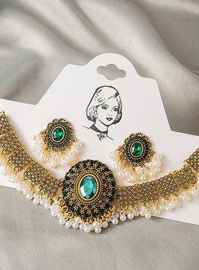 欧美跨境货源满镶珍珠亮r片靓闪复古项链套装耳环个性拼色耳环链