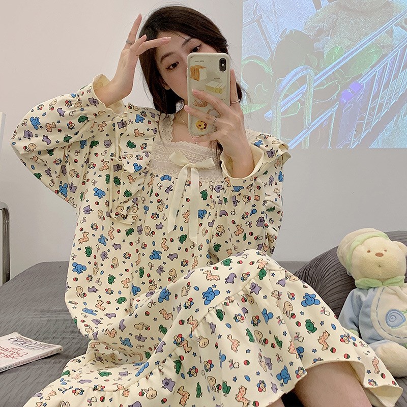 春秋甜美宫廷f风长袖大码可爱公主睡裙长款宽松法式连体睡衣女夏