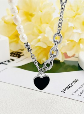 黑色爱心拼接钛钢项链女甜酷风巴洛克珍J珠锁骨链小众个性饰品