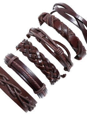 欧美新款复古编织牛皮手链diyB组合六件套跨境爆款配饰一件代发