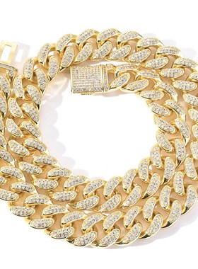 亚马逊跨境欧美项链男嘻哈15mm古巴链嘻哈饰品翻盖扣男.士嘻哈配