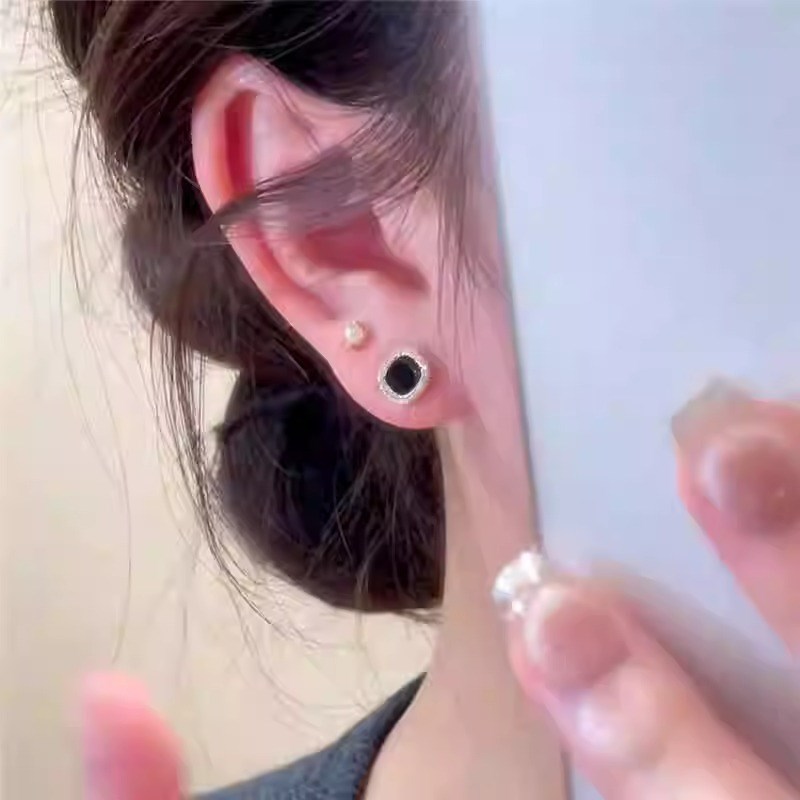 黑色方形珍珠耳钉四m件套小众百搭耳饰网红高级感耳环银针气质耳