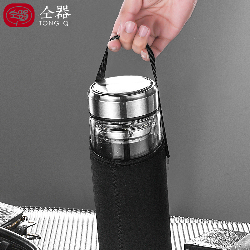 水杯男大容量1000ml玻璃杯双层隔热保温L便携家用茶水分离泡茶杯